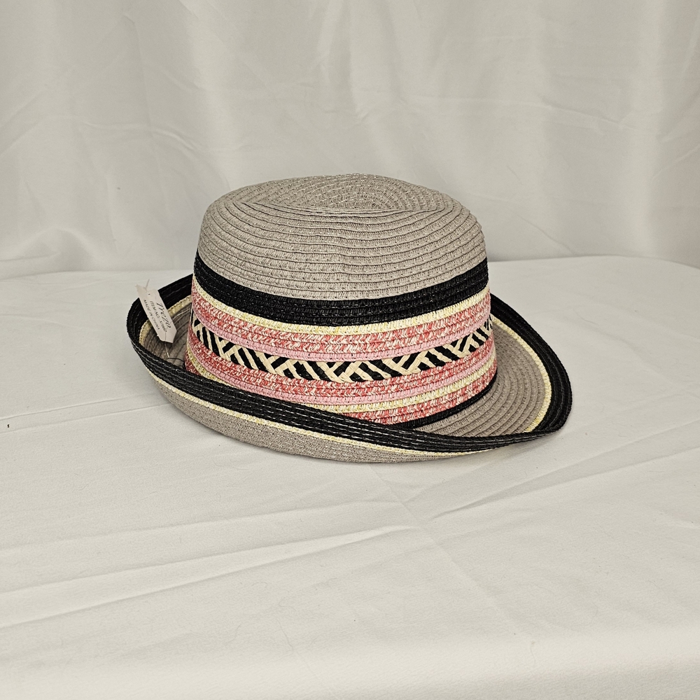 Chic Pink and Gray Straw Hat with Geometric Band